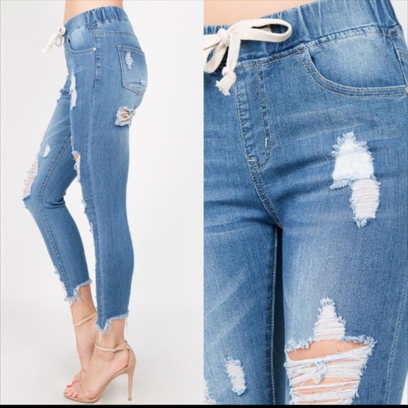 Distressed Skinny Denim Joggers - Picture 3 of 5